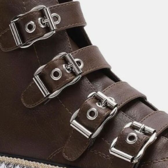 BEAST FASHION Brown High-Tops Multiple Silver Buckle Womens Shoes Size 7, 7.5, 8 - Picture 4 of 5